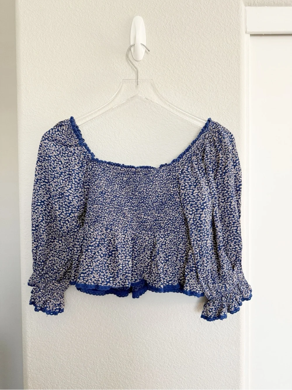 Free People Brittnee Printed Babydoll Top Blue Floral Peasant Smocked Blouse